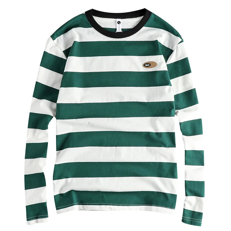 2024 Autumn New American Retro Long Sleeve O-neck Micro Chapter Striped T-shirt Men's Fashion 100% Cotton Washed Casual Tops