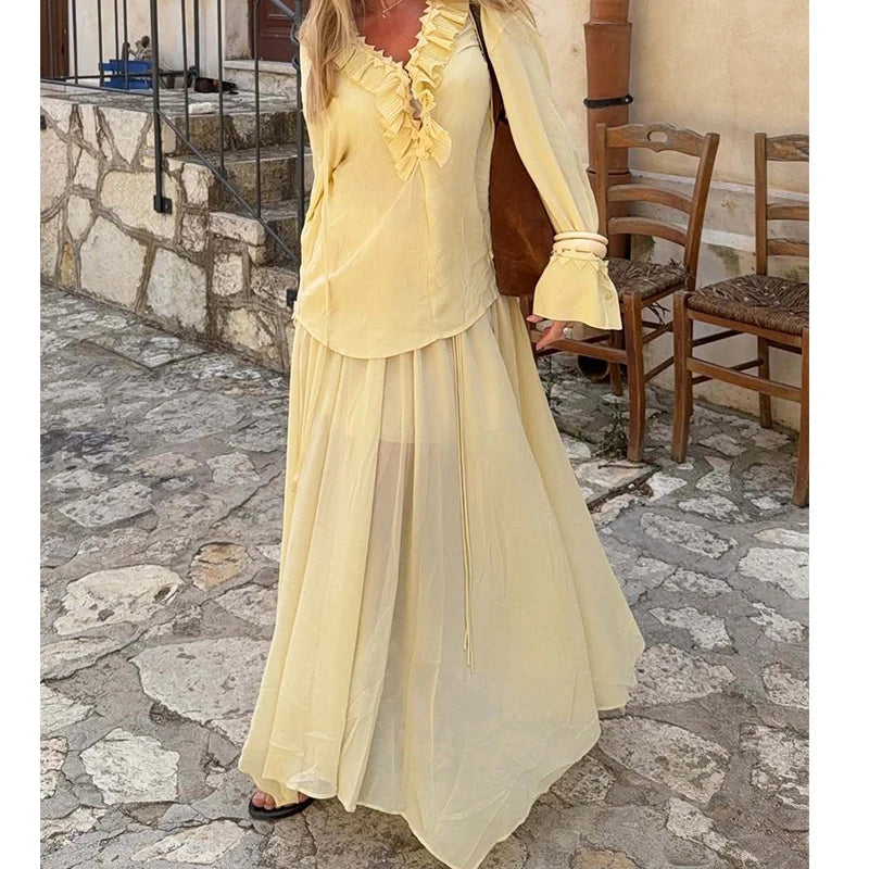 Elegant Yellow Chiffon Midi Skirt High Waist Drawstring Loose Fit Women's Summer Holiday Fashion A-Line Skirts