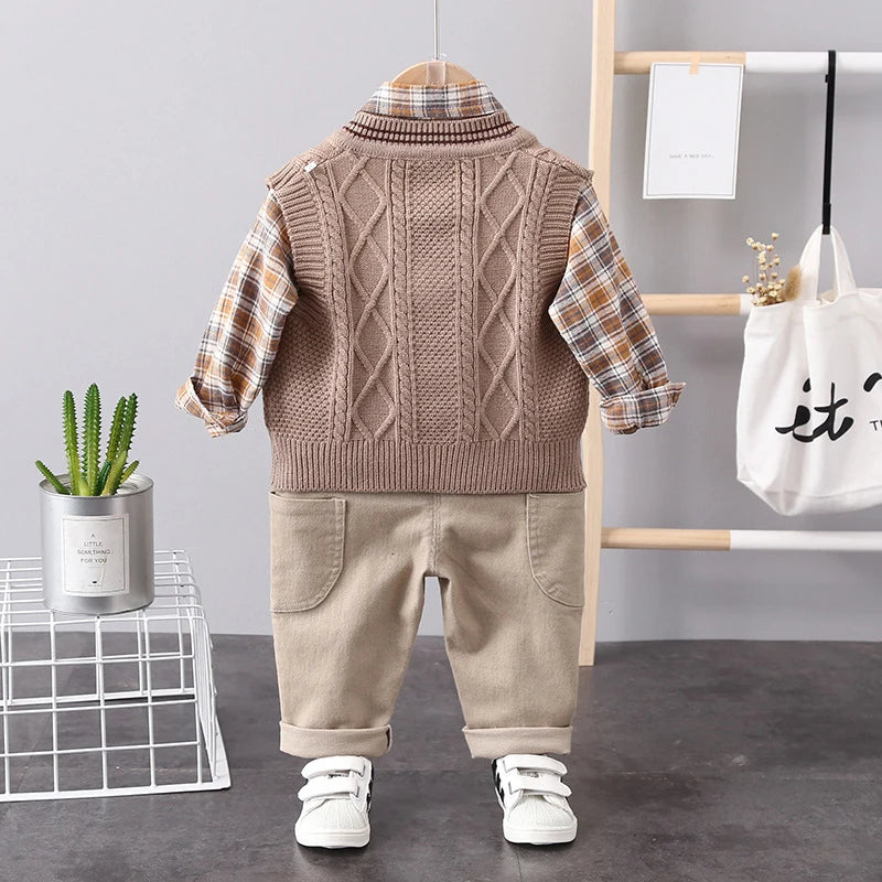 3-delige lente kinderkledingset, schattig dun vest + blouse + broek, meisjes, kleurblok, raster, bovenkleding, 1-3 jaar, unisex