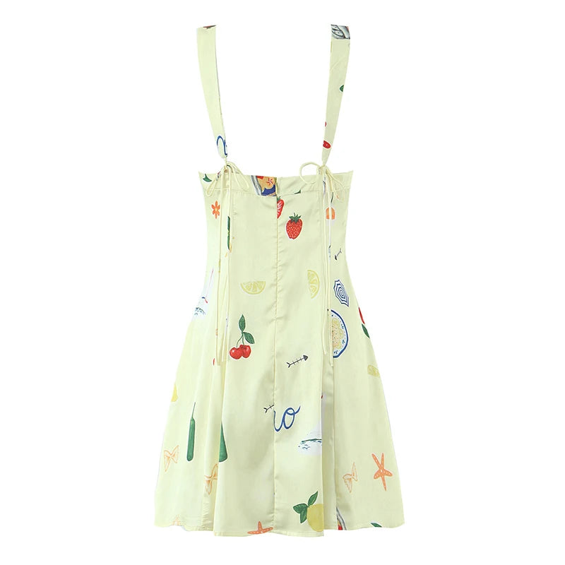 Cute Print Yellow Sexy Corset Style Sling Mini Dresses Women Summer A-line Holiday Dress Backless Robe