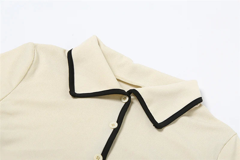 Geribbelde 2-delige set voor dames, polokraag, cardigan, crop tops + stretchrokken, bijpassende casual, eenvoudige, trendy, elegante outfits