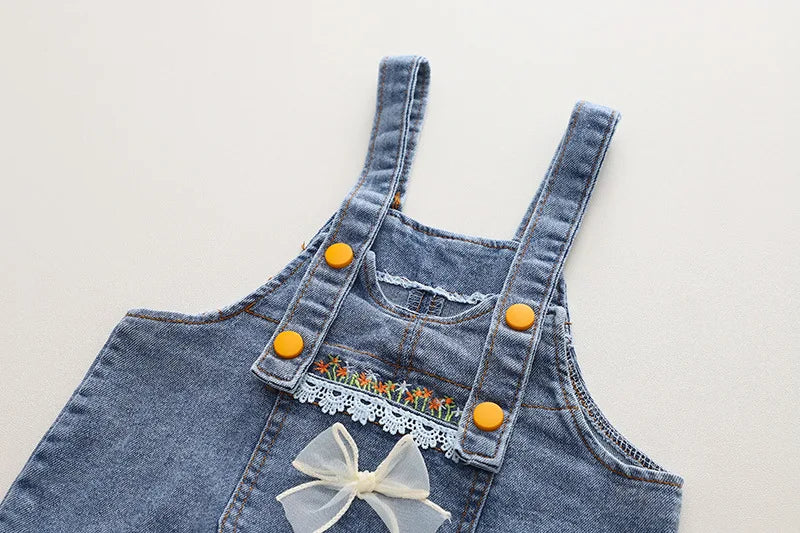 New Spring Kids Clothes Set Girls Cute Flower Blouse + Denim Overalls Children 2PCS Outwear 12-36m 4-6Y Girls
