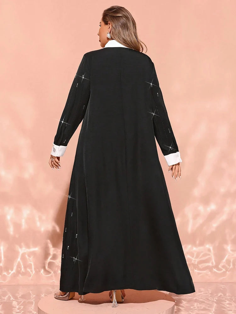 Women's New Plus Size Luxury Elegant Contrast Colour Turndown Collar Long Sleeve Maxi Loose Formal Arabian Party Dress