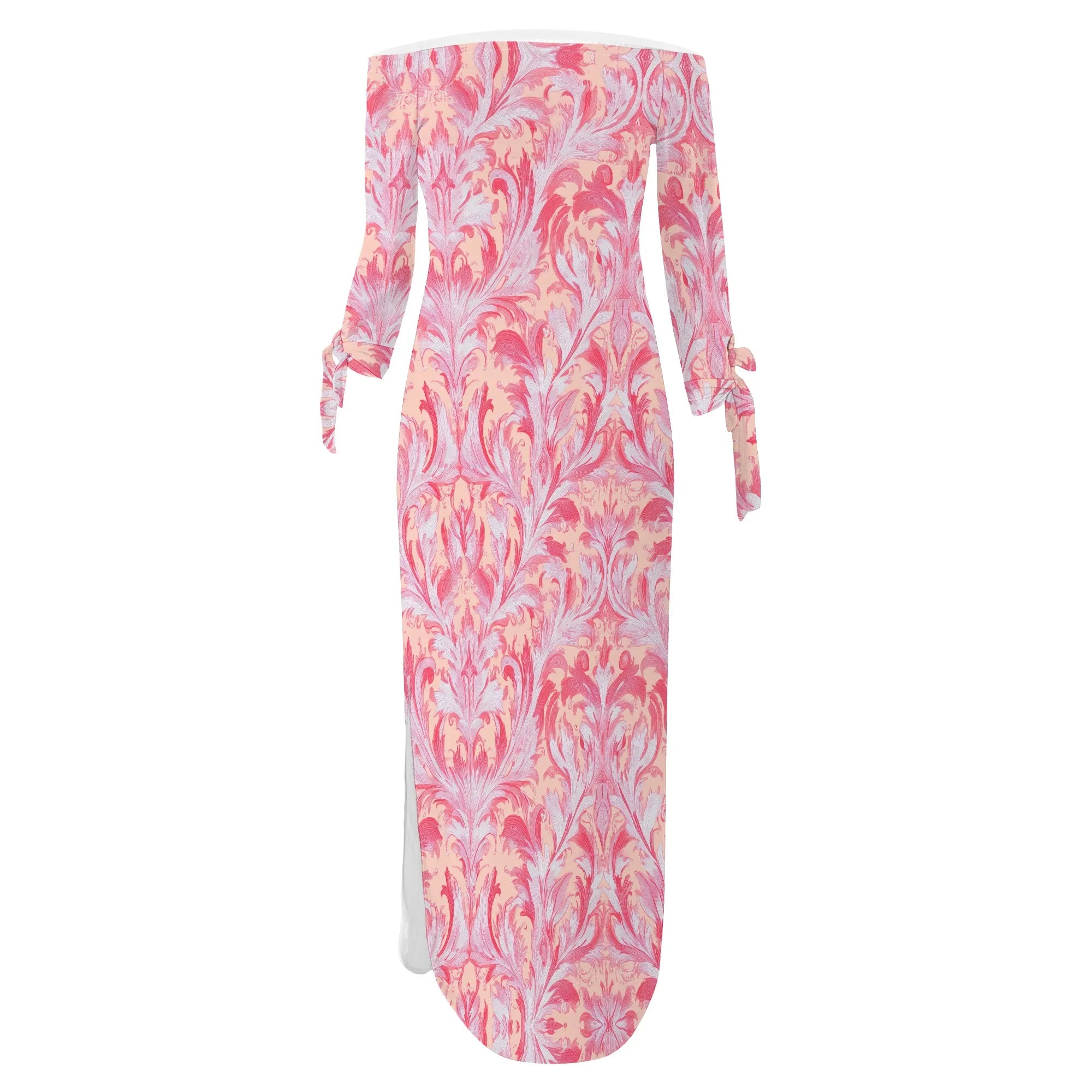 Casual Pink Butterfly Print Maxi Dress Off Shoulder Long Sleeve Bodycon Dress for Women Spring Vacation Style