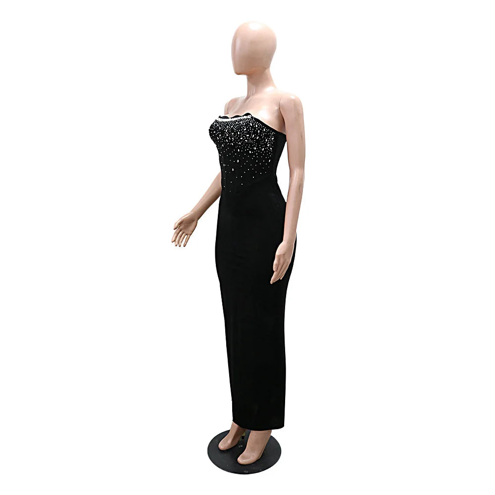 Women's Sexy Solid Color Backless Sleeveless Rhinestone Decor Velvet Bandeau Party Dress