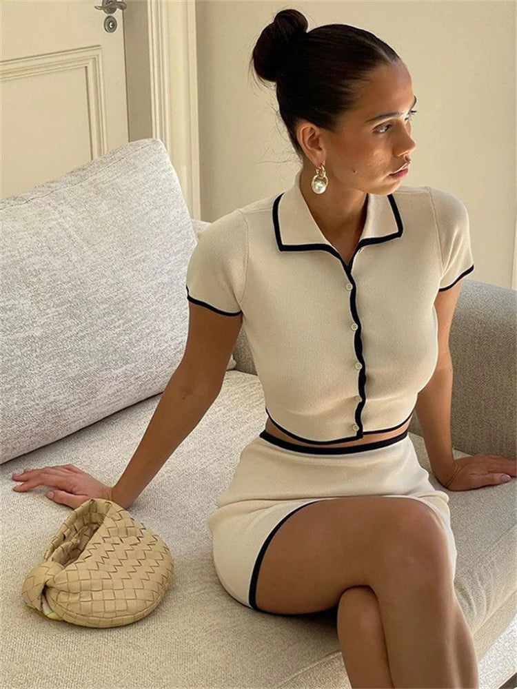 Polo Neck Women 2 Piece Set Ribbed Button Shorts Crop Tops + Mini Skirts Matching Stretch Elegant Streetwear Outfit