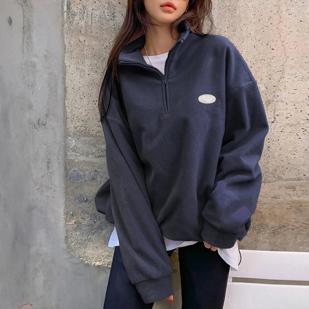 Autumn Winter Hoodies 2025 Women's Comfy Solid Colour Long Sleeve Zipper Half Open Collar Comfortable Loose Fit Hoodies