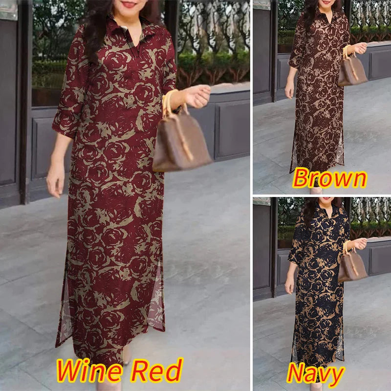 Floral Print Casual Long Vestidos Pure Cotton Vintage Slit Hem Autumn Shirtdress 3/4 Sleeve Women Vacation Maxi Dress
