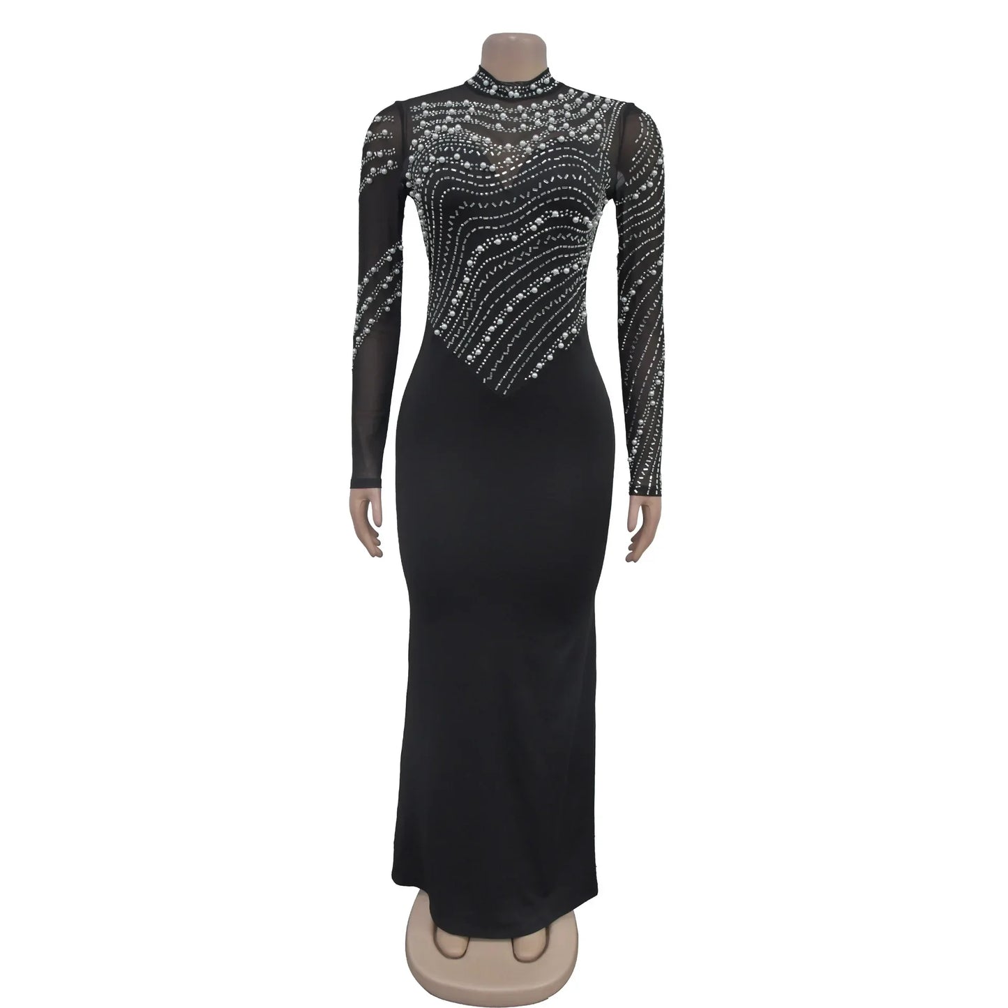 Sexy Mesh Patchwork Rhinestone Beads Floor Length Party Long Dress