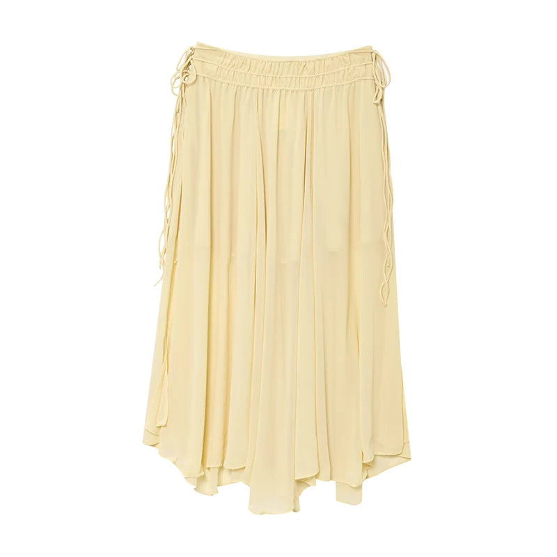 Elegant Yellow Chiffon Midi Skirt High Waist Drawstring Loose Fit Women's Summer Holiday Fashion A-Line Skirts