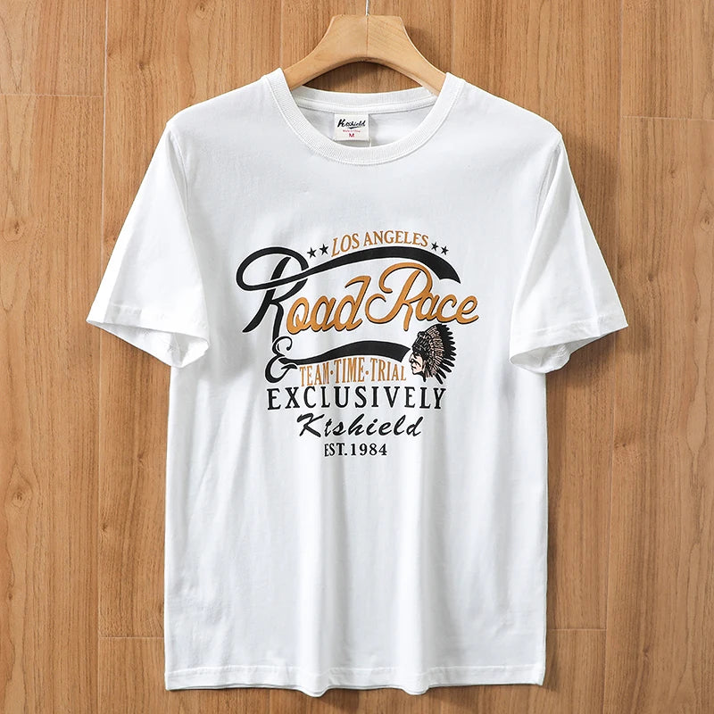 2025 Summer New American Retro 250g Short Sleeve O-neck Printed T-shirt Men's Fashion 100% Cotton Washed Casual Loose Tops