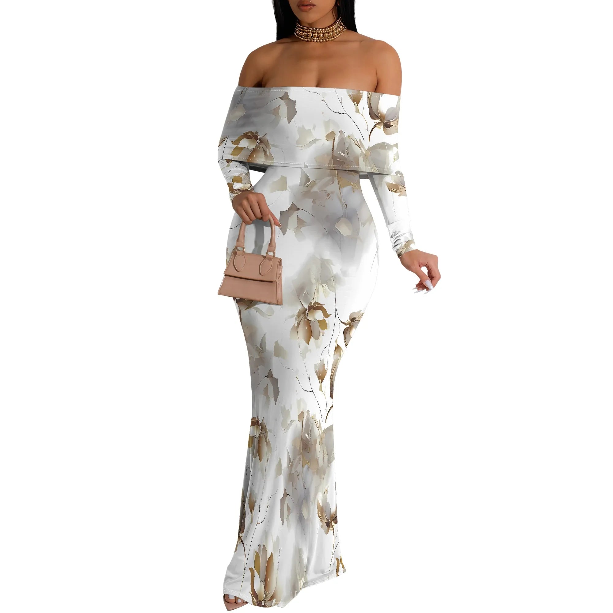 Plus Size Black White Floral Off-Shoulder Long Sleeve Maxi Dress - Women's Dramatic Elegant Party Evening Resortwear