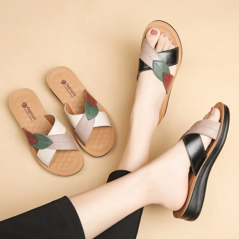 Women Female Ladies Mother Genuine Leather Shoes Sandals Platform Slipper Summer Cool Beach Soft Slip On Outside