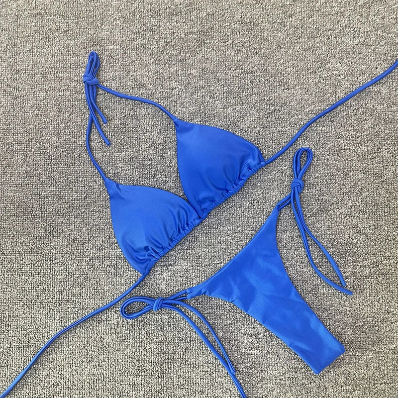 Sexy halter effen kleur bikini set dames tweedelig split triangel string badpak basic eenvoudig femme veter strand badpak