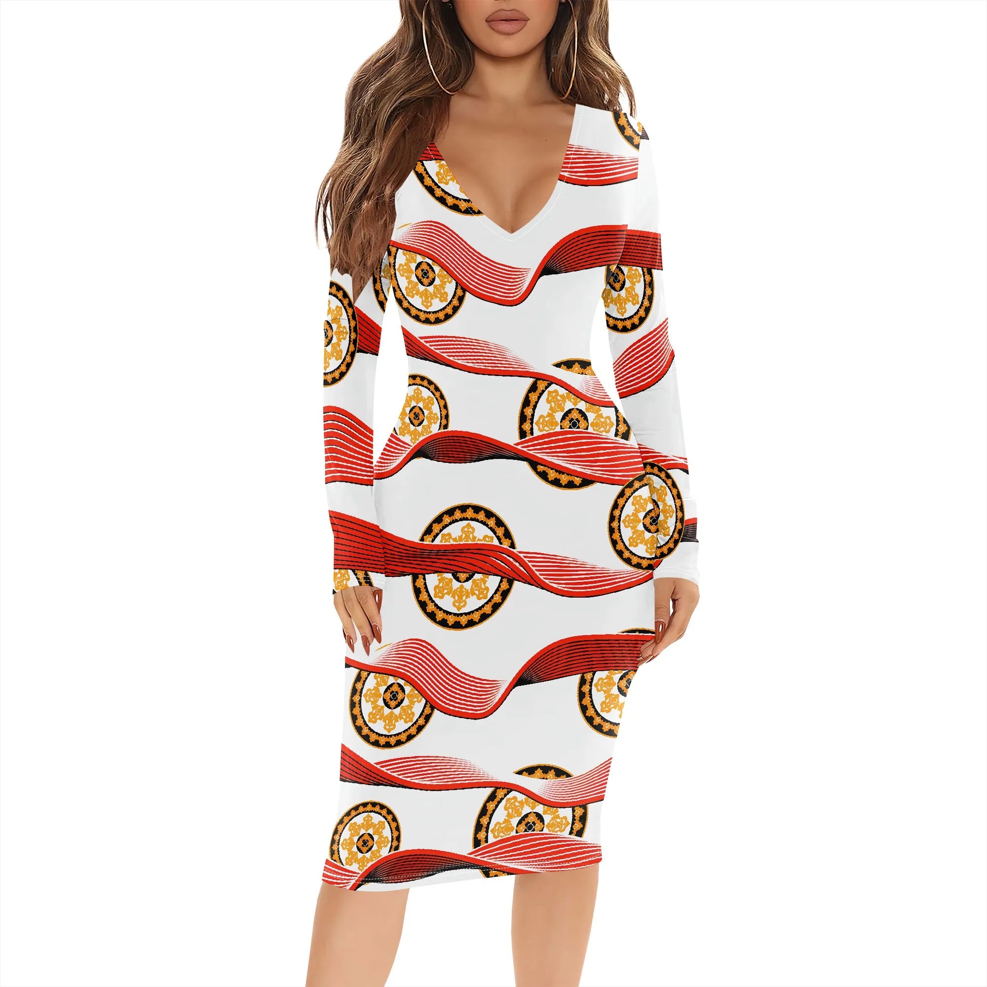 Womens Bodycon White Dark Blue line Flower Print Round Neck Ruffle Ruched Party Knee Length Pencil Dress