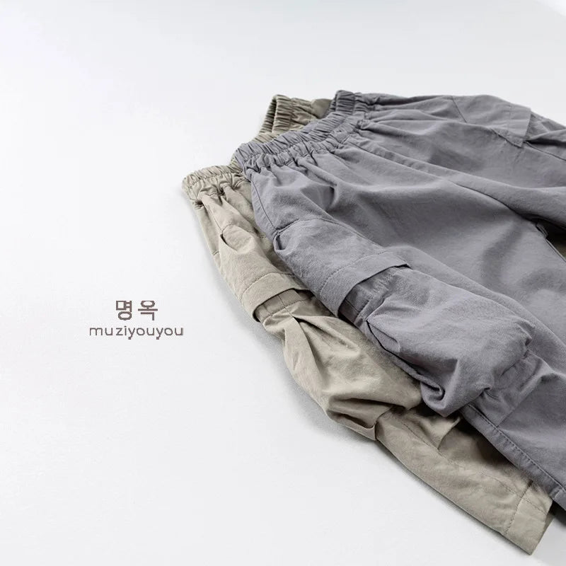 2025 Summer New Children Casual Pants Cotton Boys Versatile Cargo Pants Solid Girls Thin Loose Shorts Kids Outdoor Trousers 4-6Y Unisex