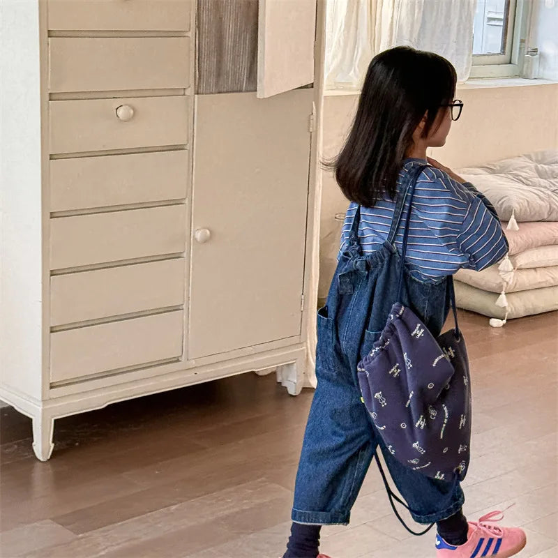 2025 Lente Nieuwe Kinderen Losse Overalls Katoen Baby Meisjes Jongens Cartoon Print Wijde Pijpen Broek Jongens Band Broek Kinderen Casual Broek 4-6Y Unisex