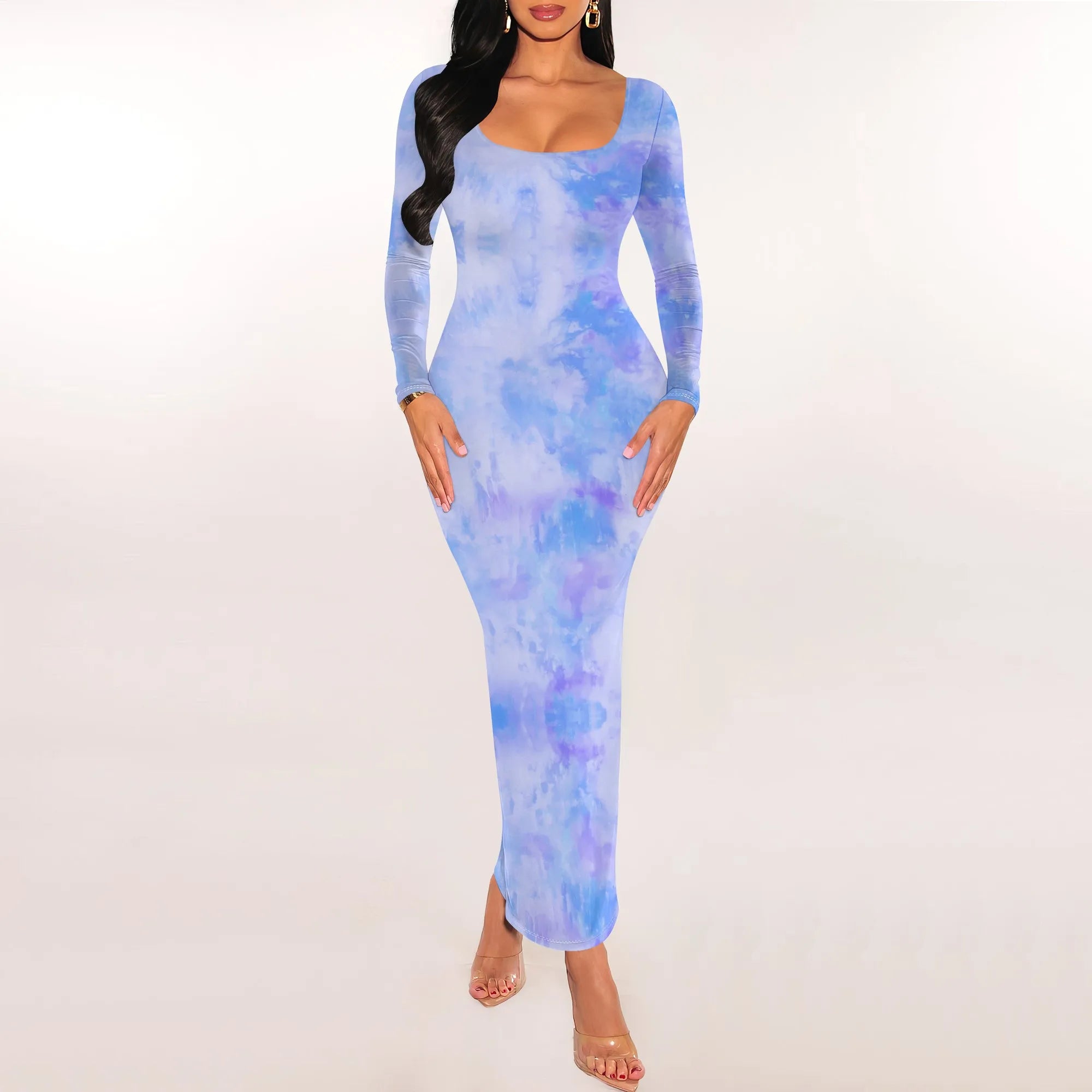 Women's Fall Trendy Dress Tie Dye Crew Neck Long Sleeve Bodycon Maxi Dress Casual Long Dresses