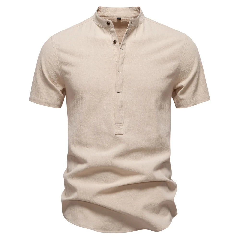 Men's Short Sleeve Solid Colour Linen Shirt Turn Down Collar Casual Summer Breathable Comfort Shirts for Men‌