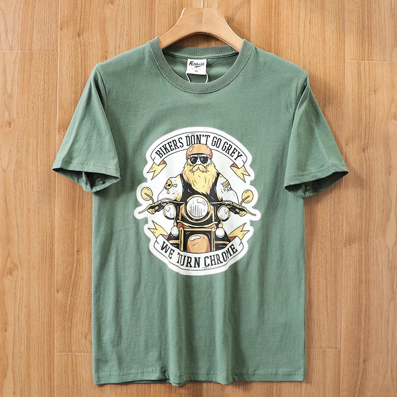 2025 Summer New American Retro 250g Short Sleeve O-neck Printed T-shirt Men's Fashion 100% Cotton Washed Casual Loose Tops