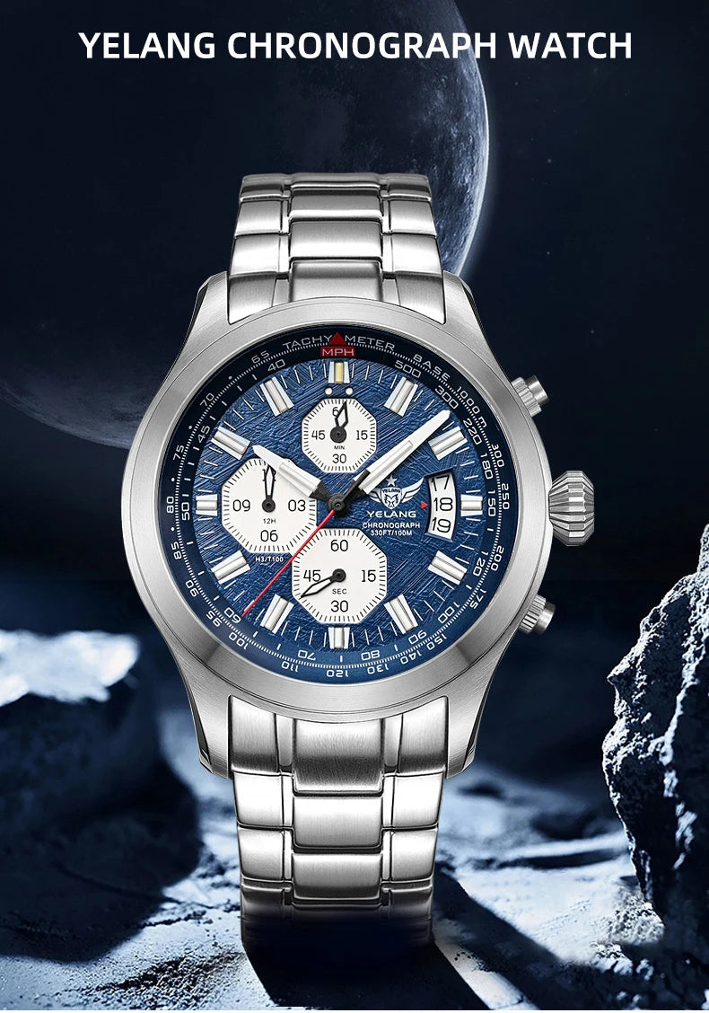 Yelang Men's Three Eyes Six Needles Japan OS00 Movement 100M Water Resistant Waterproof Diving Stainless Steel Quartz Watch