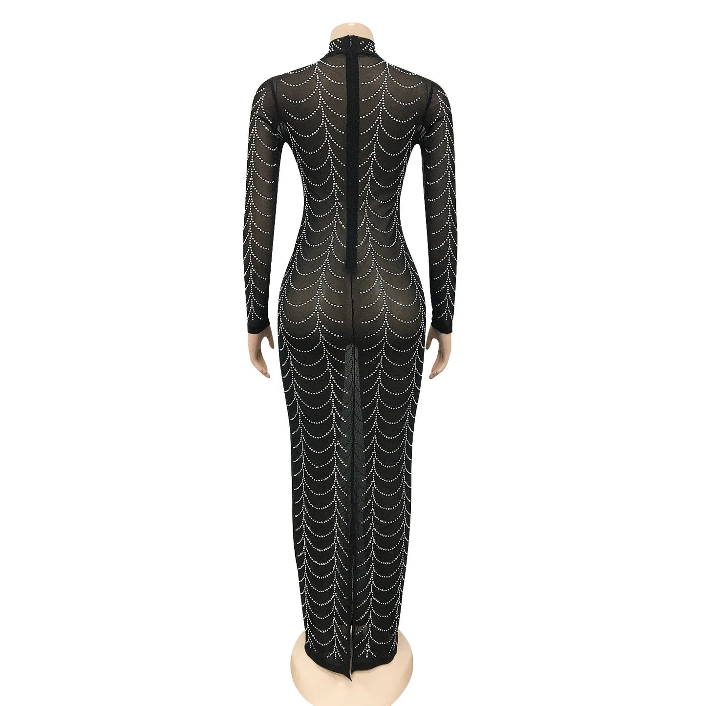 Sexy Rhinestone Sheer Mesh Long Sleeve  Party Dress