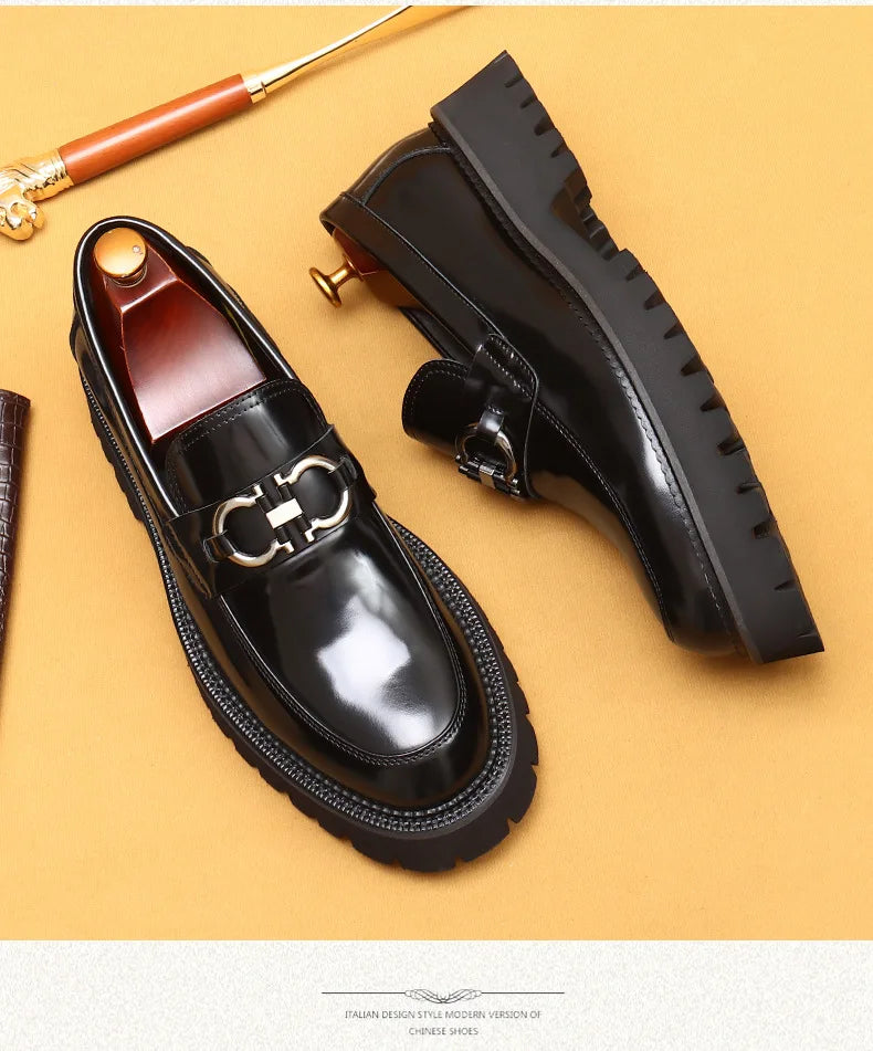 Cow Leather British Loafers Men Glossy Leather Business Casual Heightening Shoes - Non-Slip Tire Soles Dress and Round Toe Shoes