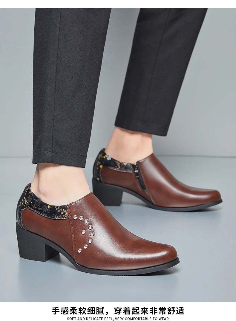 Retro Men European Fashionable Rivet Oxfords Dress Shoes High Heel Male Party Dressing Shoes Height Increasing Zipper Shoe