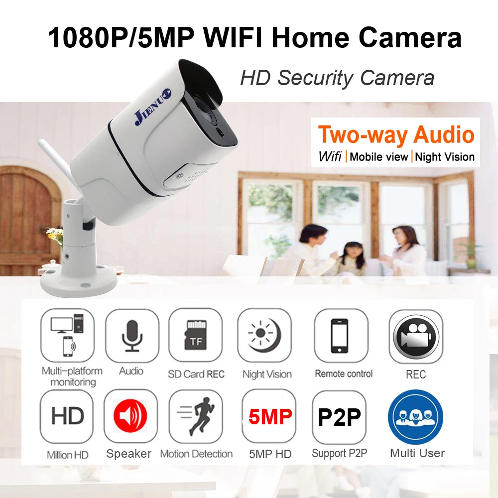 JIENUO 5MP Wifi Camera IP Outdoor Waterproof Wireless NightVision Onvif 1080P Audio Security Surveillance HD 2mp Home Cam CamHi