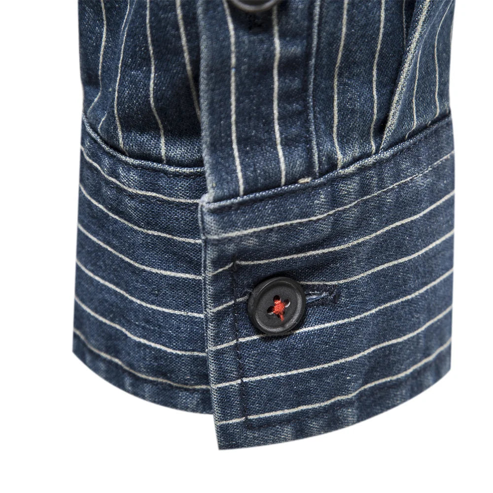 Men's Cotton Denim Shirts Striped Stretch Long Sleeve High Quality Jeans Shirts Casual Slim Cowboy Shirts For Men