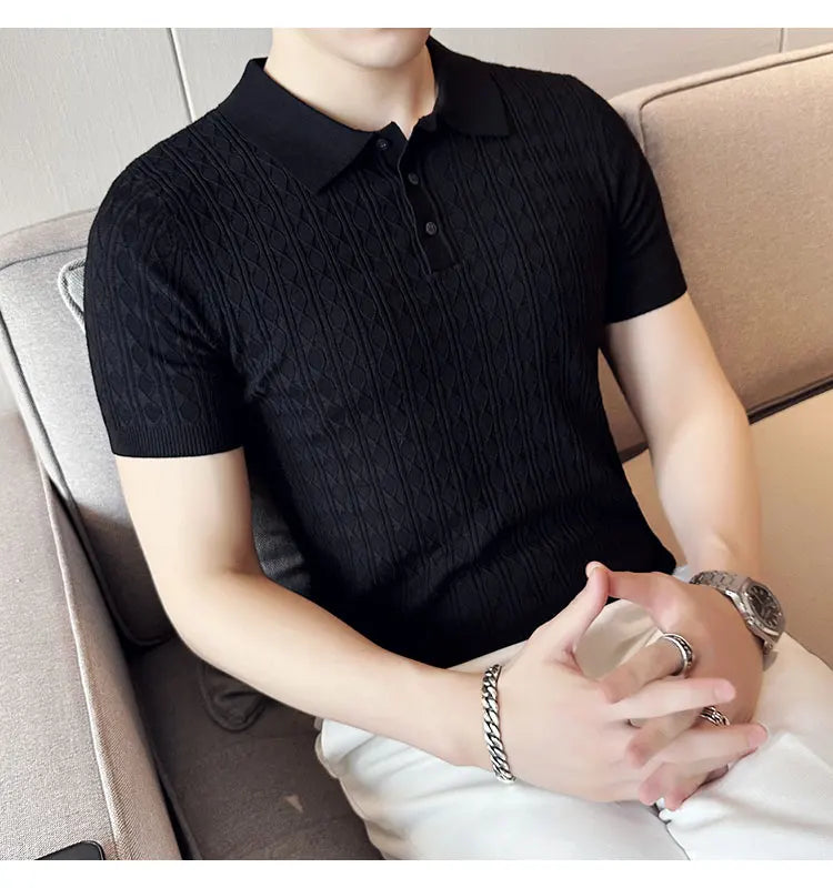 Men's Slim-Fit Jacquard Knitted Short-Sleeved Polo Shirt for Male Fashion Lapel Golf Shirt
