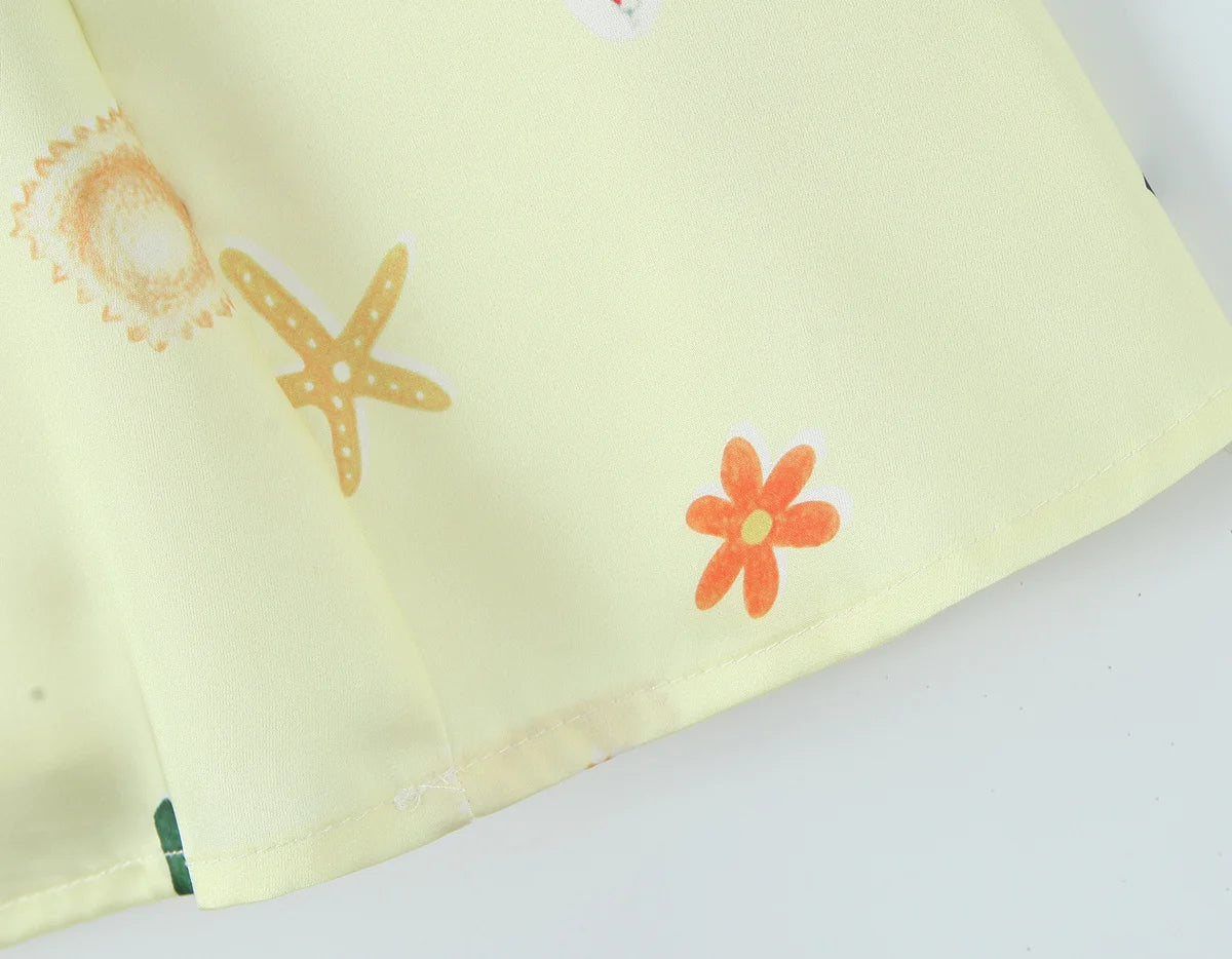 Cute Print Yellow Sexy Corset Style Sling Mini Dresses Women Summer A-line Holiday Dress Backless Robe