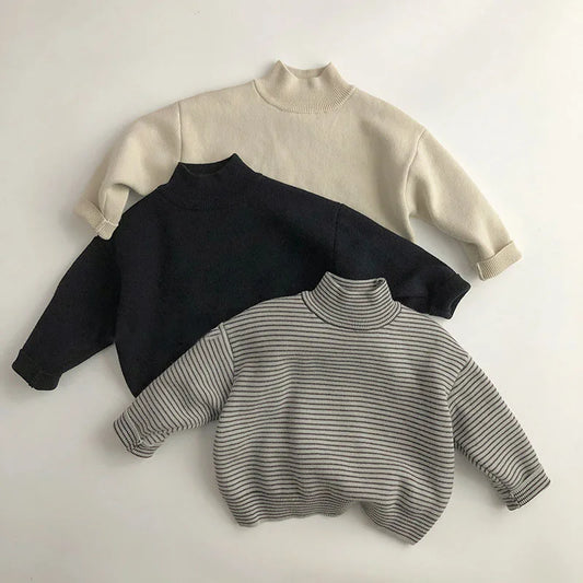 Kids Sweaters Fur Lining Boys Sweaters Half Turtleneck Girls Knit Pullover For Children 0-6Y Unisex