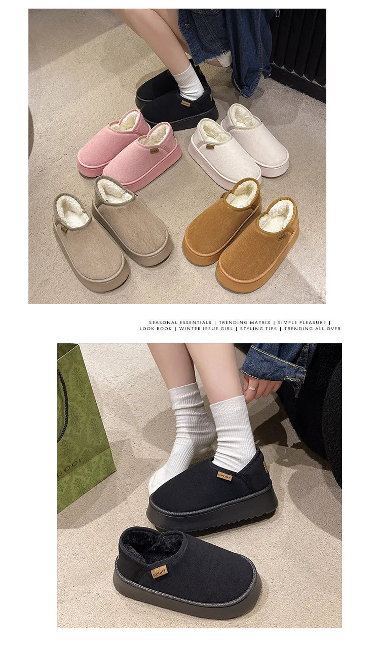Women's Winter Warm Fuzzy Lining Cotton Shoes Fur Fluffy Slippers For Indoor and Outdoor Use With Anti-Skid Plush Thick Sole Cotton Shoes
