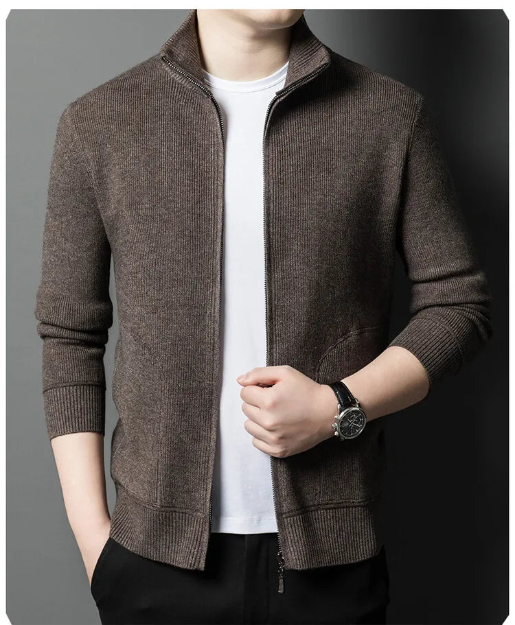 Men's Solid Colour Autumn Long-Sleeved Stretch Warm Cardigan, Daily Jacket Sizes M-4XL