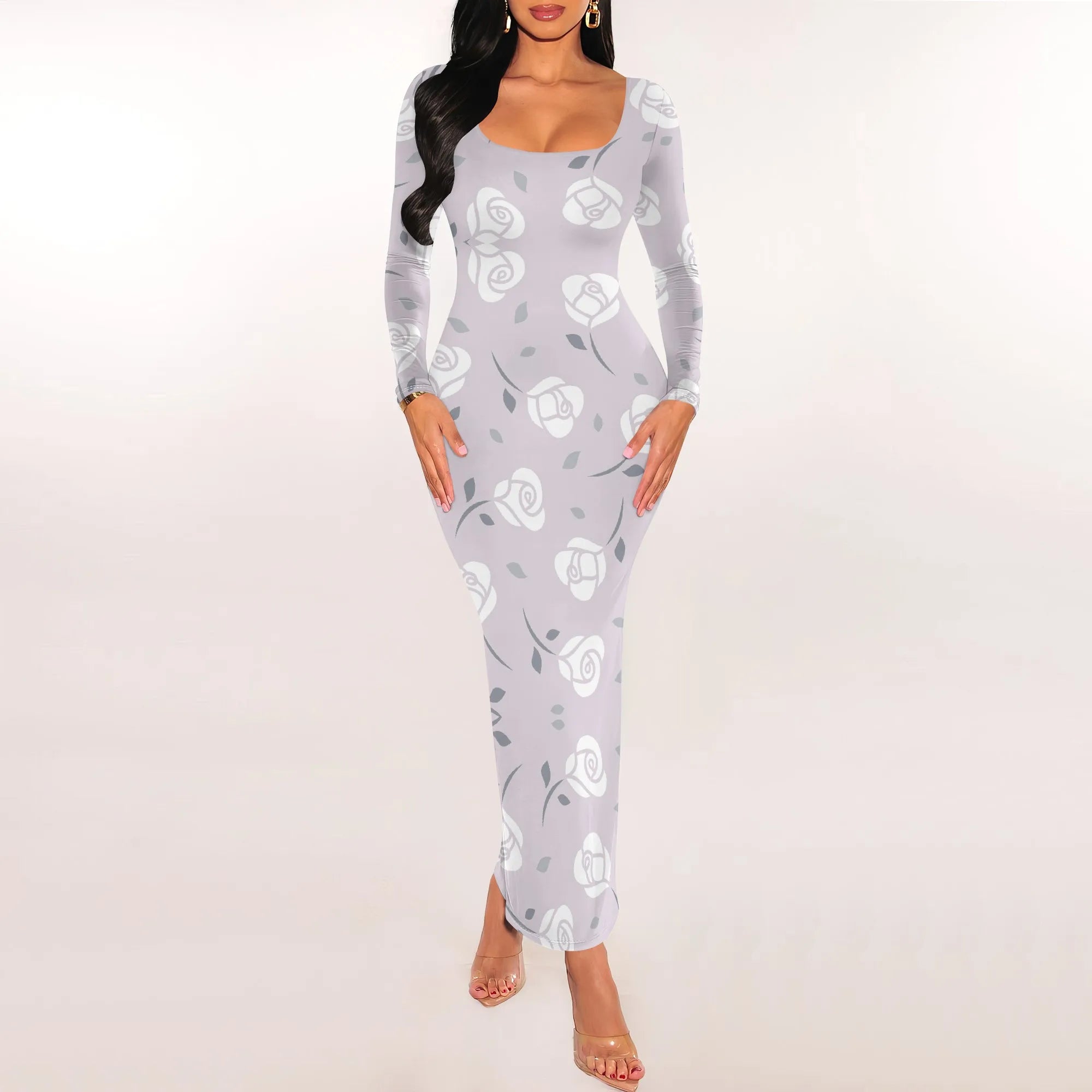 Bright Floral Print Bodycon Maxi Dress Colorful Long Sleeve Scoop Neck Spring Outfits