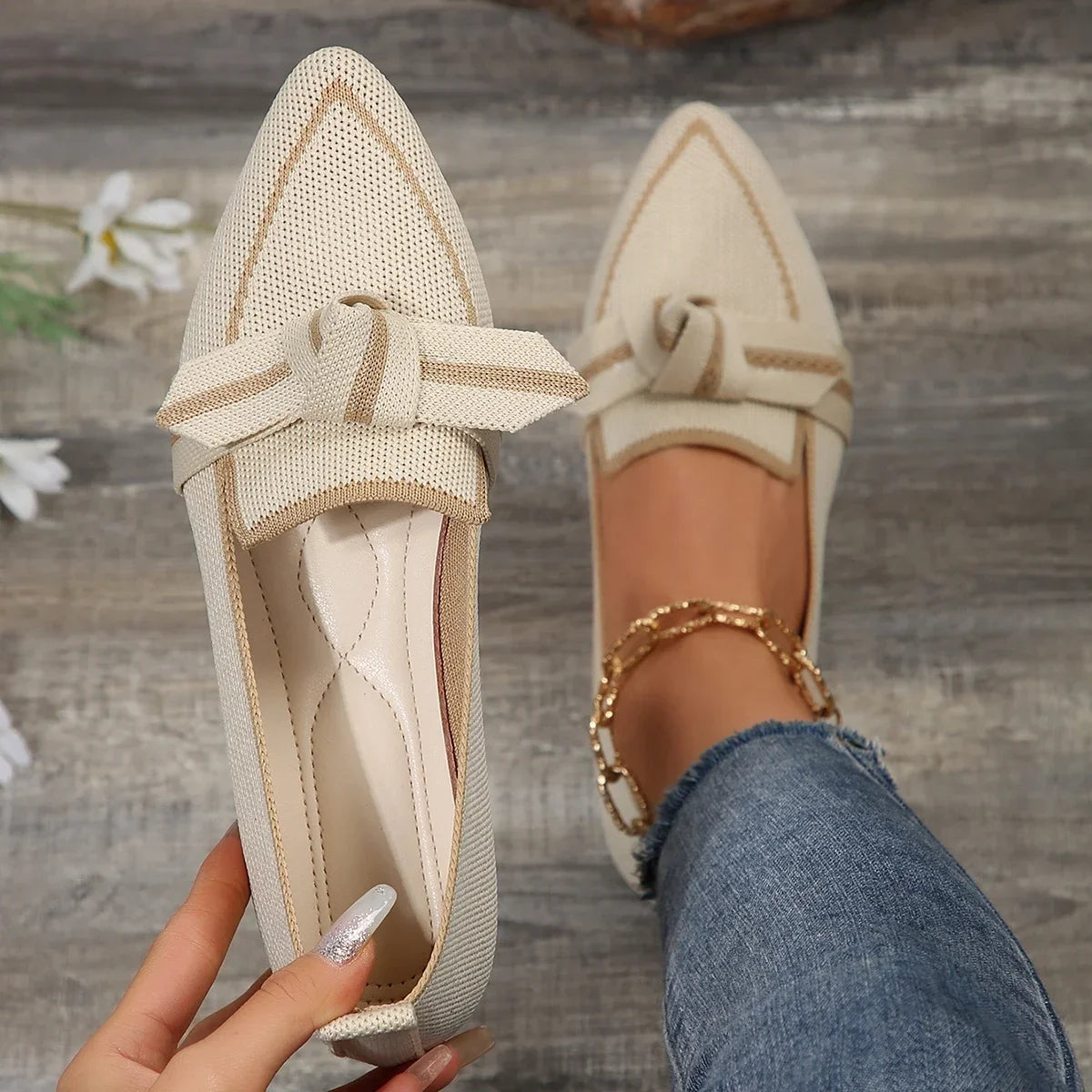 Women's Spring and Autumn Outfit Pointed Flat Breathable Casual Knot Shoes Women's Blue Pregnant Women's Low Heel Moon Shoes