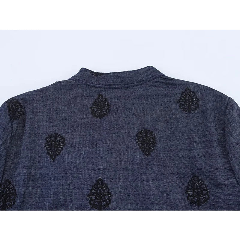 Vintage Women Long Sleeve V Neck Embroidered  Blouse Spring Summer 2025 Streetwear Tops Blusas Mujer