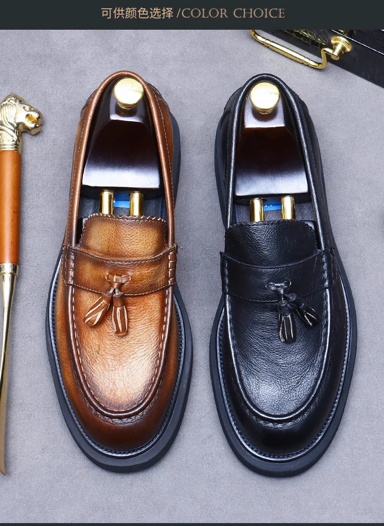YETTIES Soft Leather Elegant Mens Dress Loafers Shoes Luxury Genuine Leather Tassel Thick Soled Wedding Social Formal Shoes