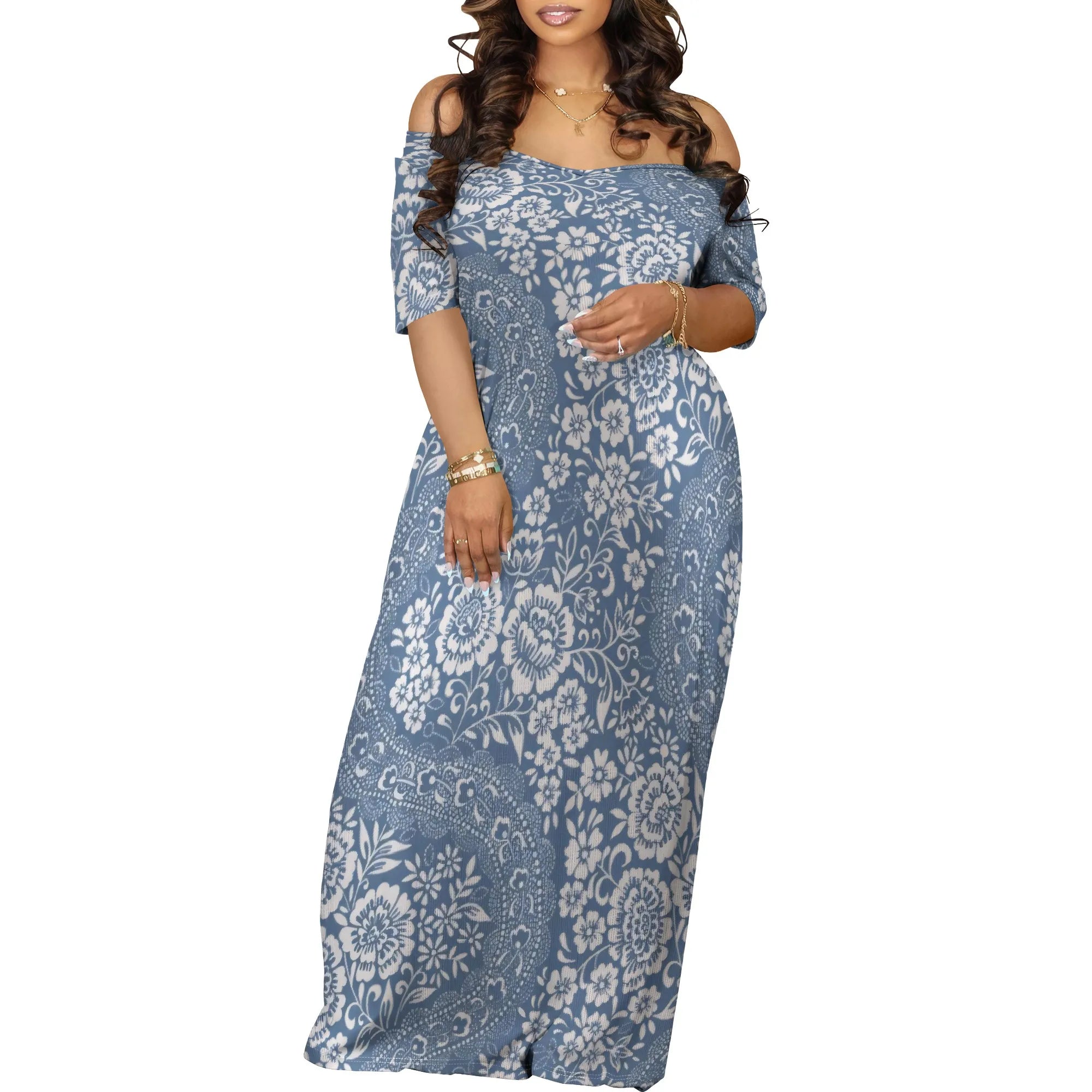 Trendy Off Shoulder Floral Print Maxi Dress Women Summer Look with Side Pockets