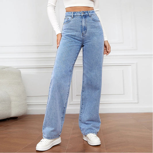 Women's Simple Versatile Straight Jeans Casual Loose High Waist Washed Denim Street Fashion Button Pocket Long Pants