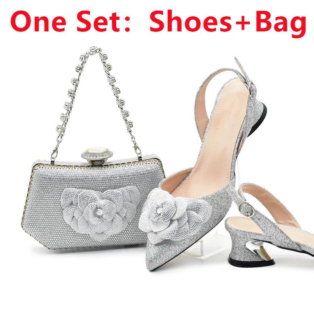 Designers Ladies Luxury Italian Party Shoes and Bag Set for Women Rhinestone-Decorated Suitable for Bride's Wedding