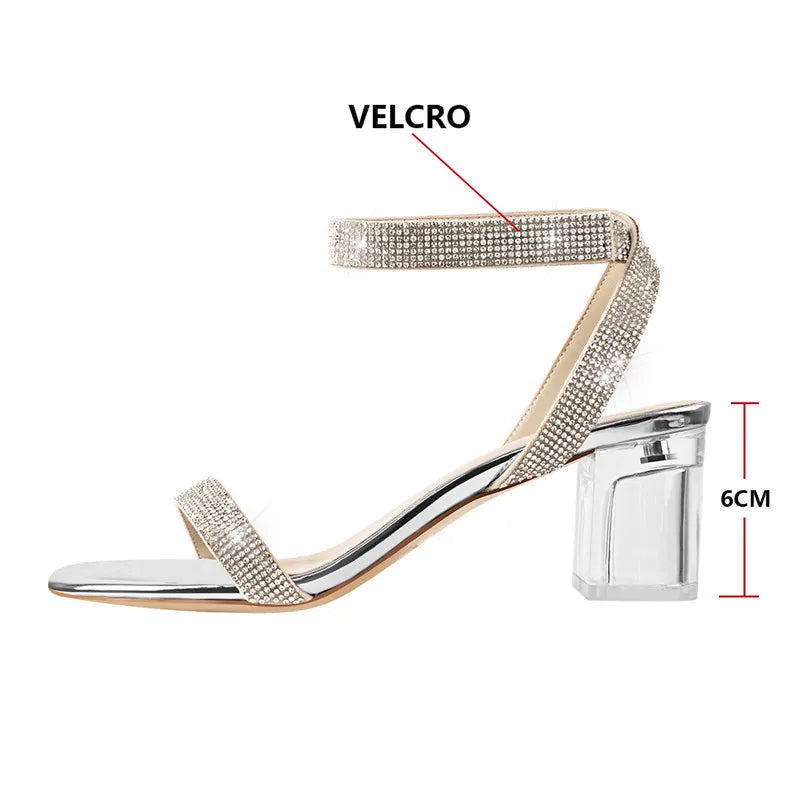 Women Peep Toe Rhinestone Strap Clear Block Chunky Sandals Transparent Perspex Chunky Heels Summer Sandals