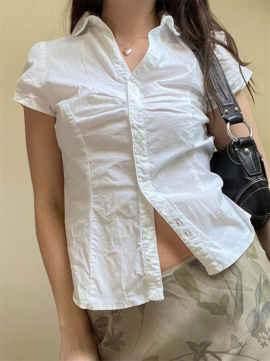 Women's Buttons Down Shirt, Short Sleeve Lapel Collar Back Tie-up, Slim Fit Tops For Summer Streetwear