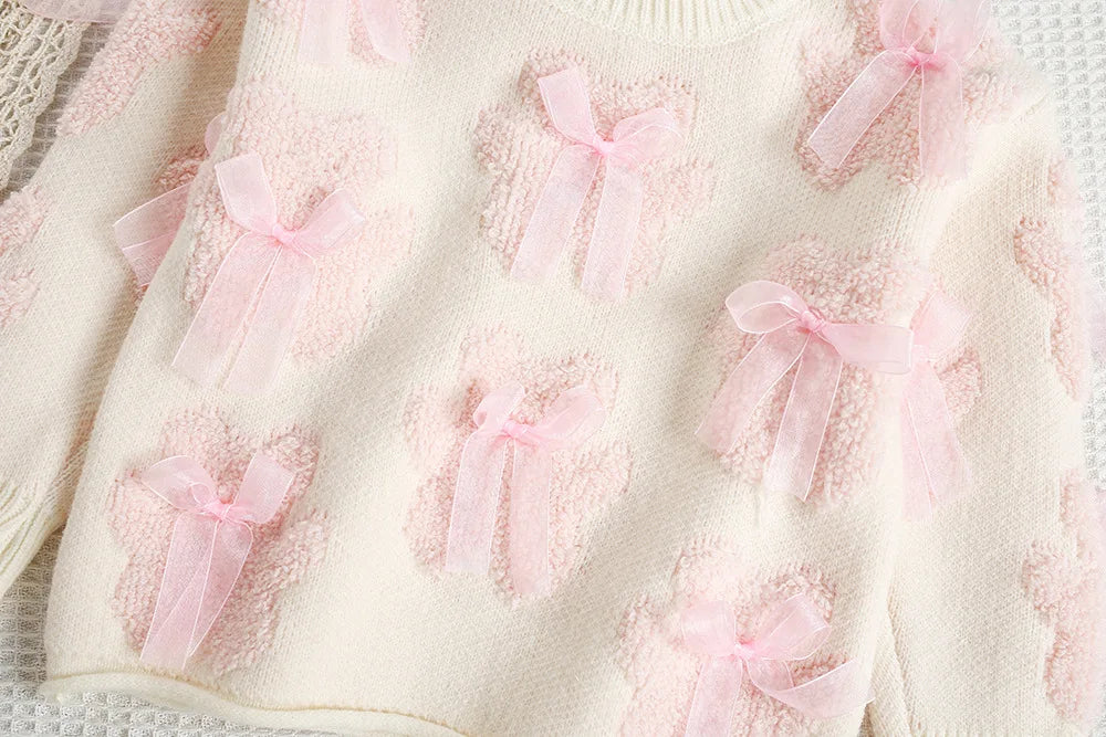 New Autumn Girls Knitted Sweater Sweet Bear Bow Kids Sweater Korean Loose Children Outwear Tops 9M-5T Girls