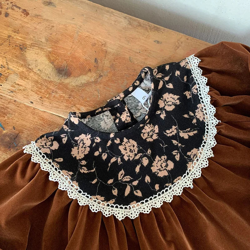 Autumn Velvet Vintage Style Kids Long Dress for Girls Floral Round Collar Princess Kids Clothes Dresses 2-6 Years