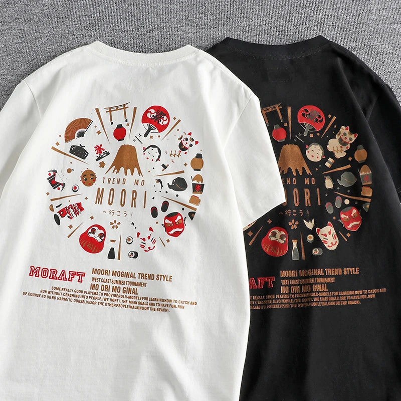 Summer New American Retro Short Sleeve O-neck Face Makeup Printed T-shirt Men's Fashion 100% Cotton Washed Youth Casual Tops
