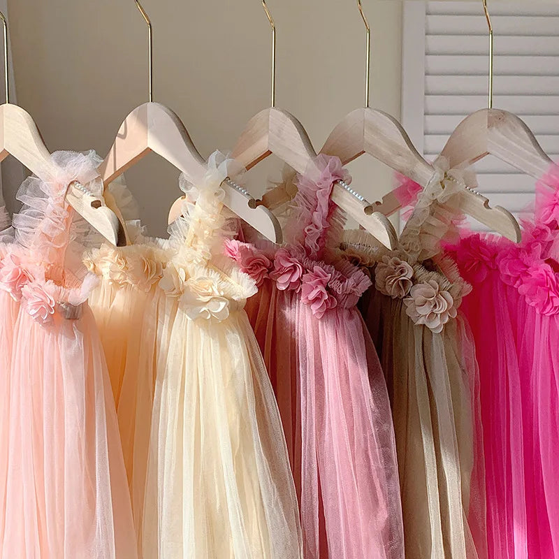 Summer Kids Sweet Mesh Dress Girls 6 Colours Suspended Floral Beach Skirt Children Tutu Princess Dress 1-6Y Girls