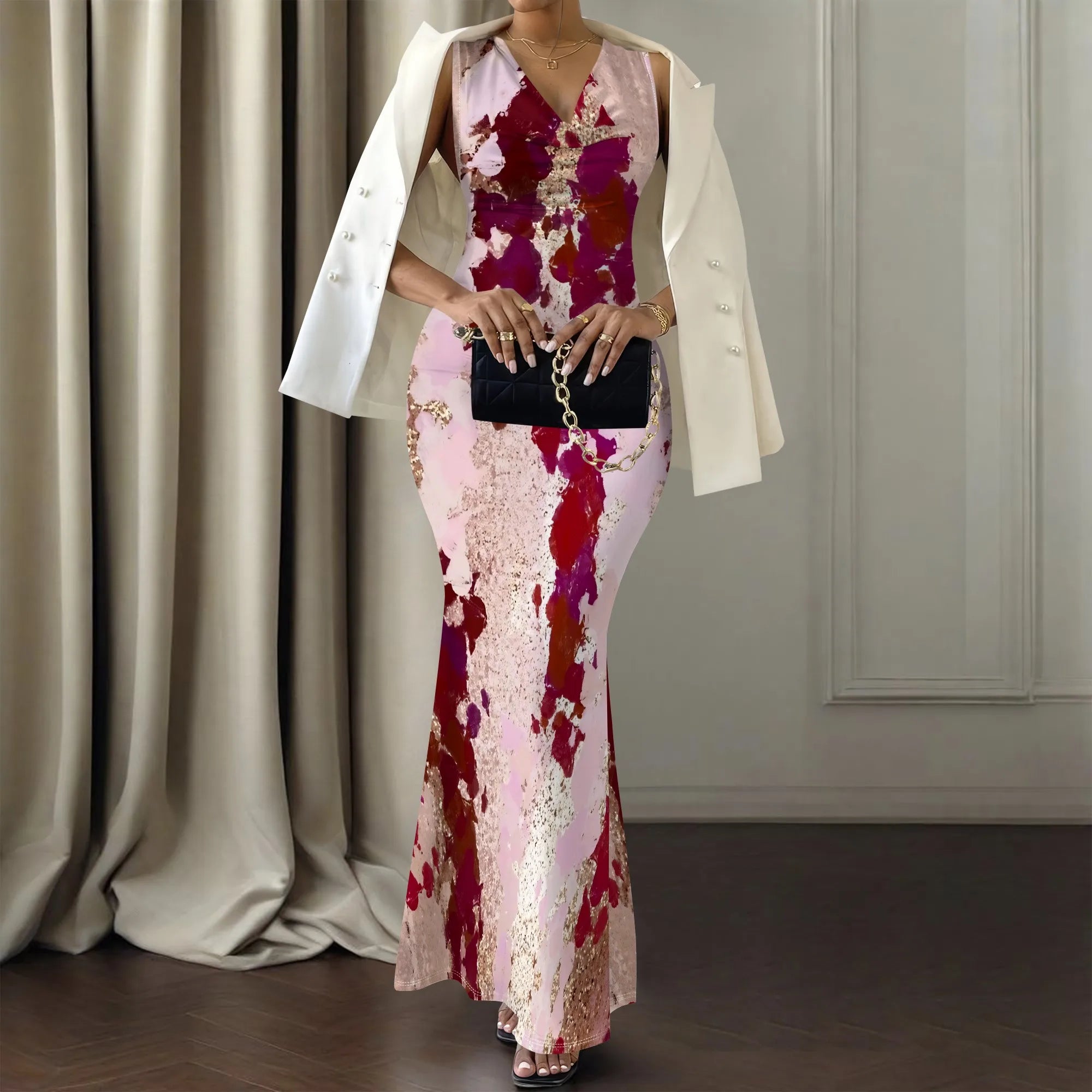 Women's V-Neck Sleeveless Maxi Dress Abstract Artistic Print Elegant Summer Party Dress