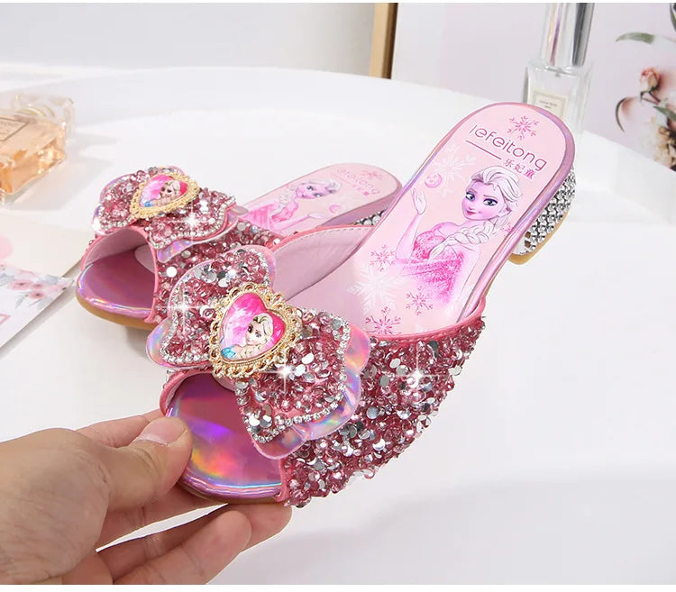Girl's Summer Sandals Fashion Slippers Sequined Princess Children High Heel Party Dress Elsa Shoes Leather Slipper For Girls